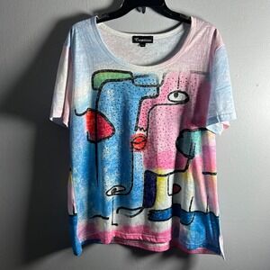 Picasso Inspired Woman's XXL Face Graphic T-Shirt Rhinestone Burnout